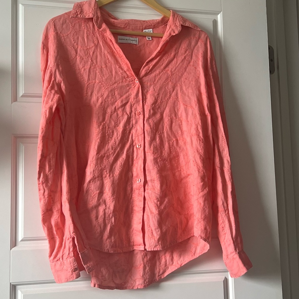 NWOT Dana Buchman Linen Coral Button-Down Shirt W/Embroidery. Size 6/S. - Picture 15 of 15